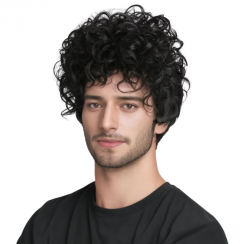 Mens Black Short Curly Hair Fluffy Wavy Synthetic Hair Fiber Wigs