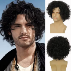 3 Pcs Mens Short Brown Curly Layered Fluffy Wig with Bang