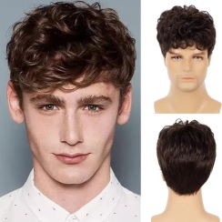 4 Pcs Mens Brown Short Curly Handsome Fluffy Synthetic Fiber Wig