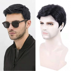 Mens Black Synthetic Fiber Wig With Diagonal Bangs