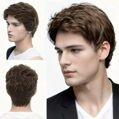 2 Pcs Short Brown Mens Natural Human Hair Wig